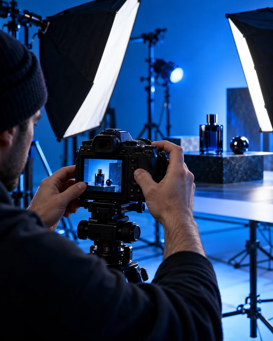 Photographe réglant une caméra dans un studio photo