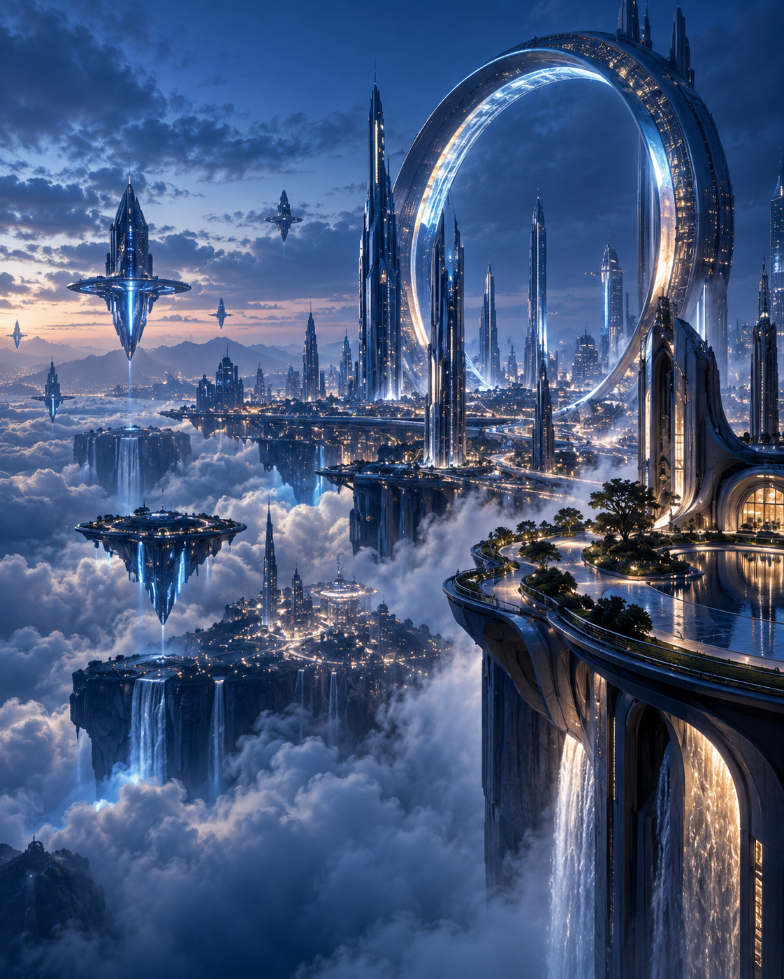 Illustration Full CG : cité futuriste au-dessus des nuages